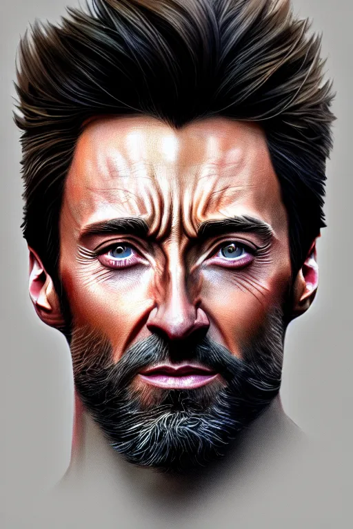 Image similar to ultra detailed close up facial portrait of hugh jackman, extremely detailed digital painting, in the style of fenghua zhong and ruan jia and jeremy lipking and peter mohrbacher, mystical colors, rim light, beautiful lighting, 8 k, stunning scene, raytracing, octane, trending on artstation