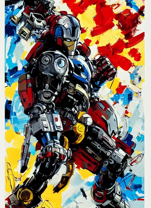 Image similar to marvel mcu falcon, wearing futuristic cybernetic battle armor, by ashley wood, yoji shinkawa, jamie hewlett, 6 0's french movie poster, french impressionism, vivid colors, palette knife and brush strokes, dutch angle