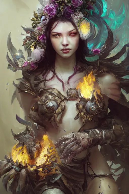 Image similar to beautiful girl necromancer, witch - doctor covered with ice exploding into flowers, angels, 3 d render, hyper - realistic detailed portrait, holding fire and electricity, ruan jia, wlop. scifi, fantasy, magic the gathering, hyper detailed, octane render, concept art, peter mohrbacher