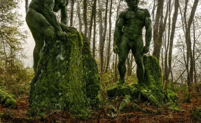 Image similar to a mossy greek marble statue of a very muscular man abandoned in the middle of a forest near a lake at sunset, concept art, godrays, complementary colors, calm, relaxing, beautiful landscape, highly detailed, high quality, 4k HDR, path tracing, serene landscape, high coherence, soft lighting