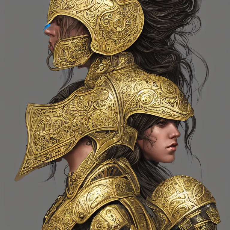 Image similar to a portrait of an attractive young female, ornate metallic helmet, clothed in battle armor, olive skin, long dark hair, beautiful bone structure, symmetrical facial features, intricate, elegant, highly detailed, digital painting, trending on Artstation, concept art, smooth, sharp focus, illustration, in the style of artgerm and greg rutkowski and alphonse mucha