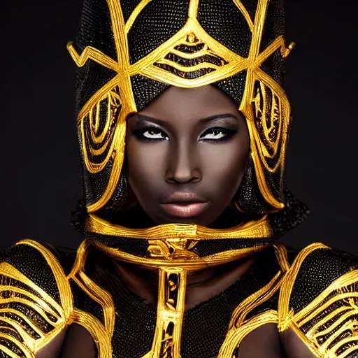 Image similar to Portrait of a beautiful black woman with symmetrical features, standing in gilded black and gold armour, full body, intricate detail, high fantasy, manga,