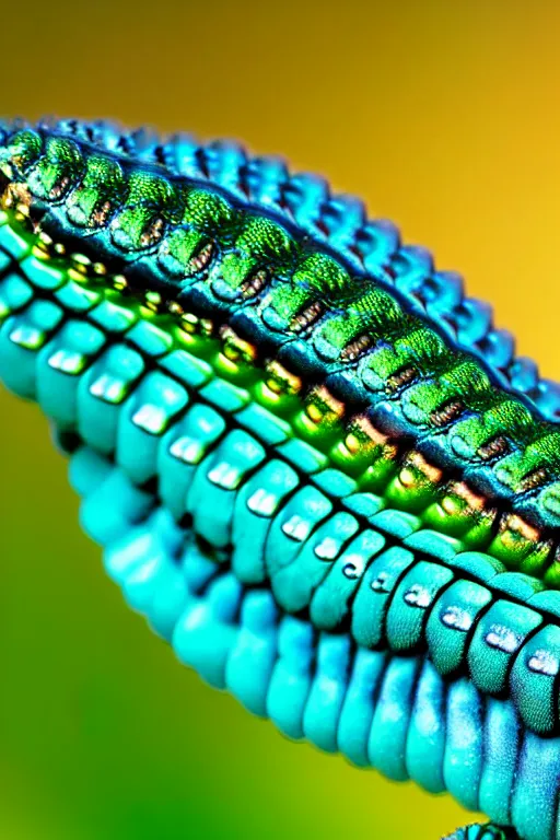 Image similar to high quality macro photo iridescent cyborg full caterpillar! cute highly detailed david ligare elson peter cinematic teal lighting high quality low angle hd 8k sharp shallow depth of field