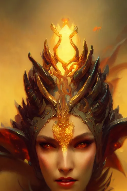 Prompt: attractive demon queen, close - up portrait, intricate, elegant, volumetric lighting, scenery, digital painting, highly detailed, artstation, sharp focus, illustration, concept art, gaston bussiere, ruan jia, steve mccurry