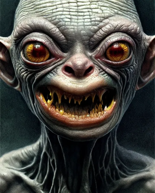 Image similar to gollum ugly, ultra detailed, ultra realistic, adventure time, studio lighting, by beksinski, alejandro jodorowsky, giger, greg rutkowski, carne griffith trending on artstation, deviantart, photorealism