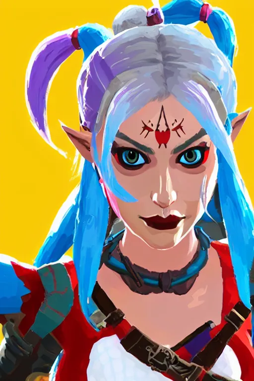 Prompt: an in game portrait of harley quinn from the legend of zelda breath of the wild, breath of the wild art style.