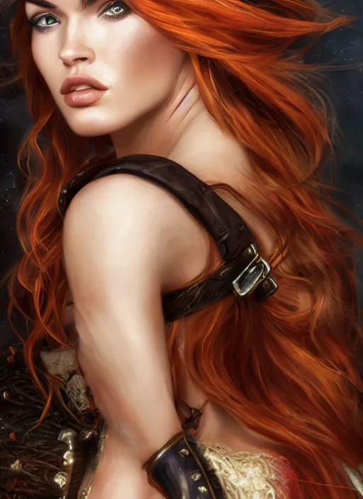 Image similar to megan fox pirate clothes, 8 k, sensual, hyperrealistic, hyperdetailed, beautiful face, long ginger hair windy, dark fantasy, fantasy portrait by laura sava