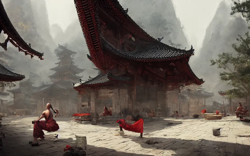 Image similar to shaolin village, sharp focus, wide shot, trending on artstation, masterpiece, by greg rutkowski, by ross tran, by fenghua zhong, octane, soft render, oil on canvas, colorful, cinematic, environmental concept art