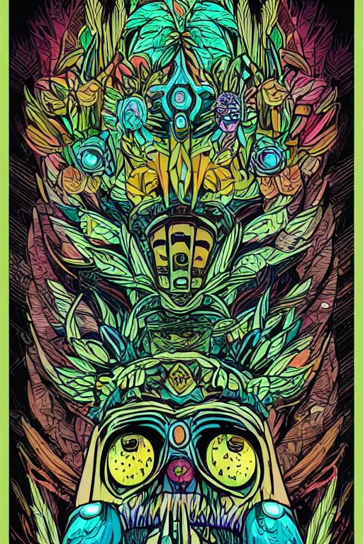 Image similar to animal mask totem roots flower tribal feather gemstone plant wood rock shaman vodoo video game vector cutout illustration vivid multicolor borderlands comics by josan gonzales and dan mumford radiating a glowing aura