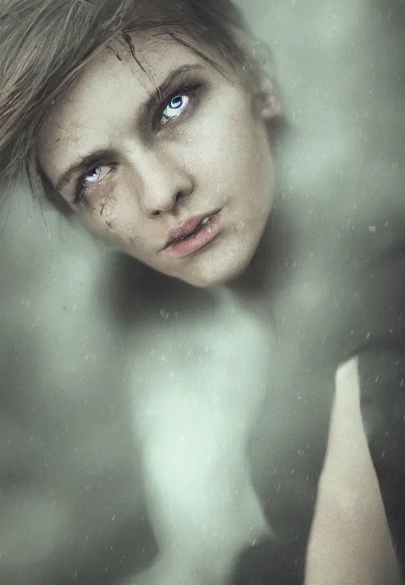 Prompt: cute model annie leonhart posing in dunwall city, beautiful face, detailed face, realistic eyes, cinematic lighting, rainy weather, melancholy atmosphere, volumetric light, gothic architecture, realistic reflections, model agency, instagram photo, depression atmosphere, shot on sony a 7, beauty filter, postprocessing