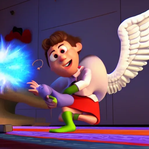 Image similar to an angel playing a video game against a devil, pixar style