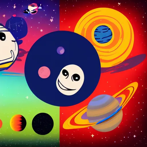Image similar to outer space view of living planets with cartoon faces, style by kurzgesagt and pixar and dreamworks and disney