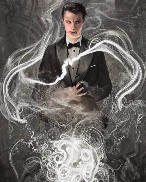 Image similar to a highly detailed portrait of devious male magician radiating a powerful energy aura, ornate back tuxedo, wispy tendrils of smoke, swirling vortex of energy, performance art, intricate, digital painting, old english, raining, sepia, particles floating, whimsical background by marc simonetti, artwork by liam wong