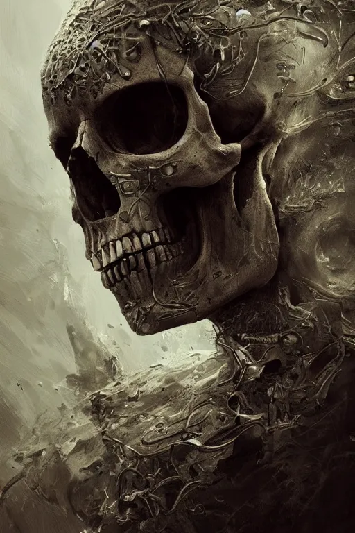 Image similar to skull, close - up portrait, powerful, intricate, elegant, volumetric lighting, scenery, digital painting, highly detailed, artstation, sharp focus, illustration, concept art, ruan jia, steve mccurry