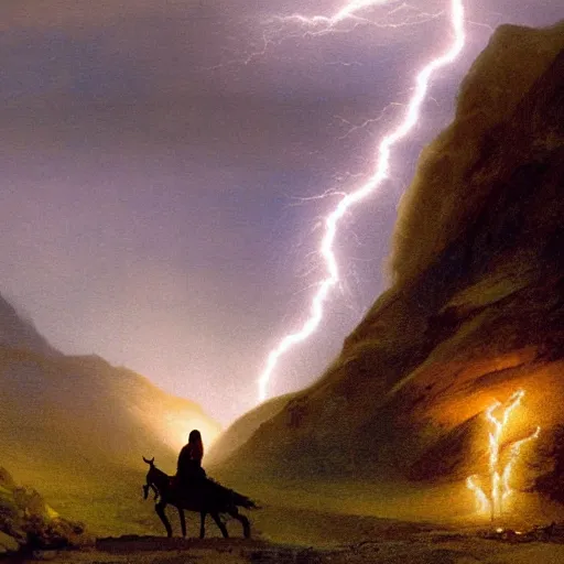 Prompt: woman on a donkey gazing at a lightning bolt in the distance in a valley, heavy rain approaching, John Harris, crisp lighting, amazing detail