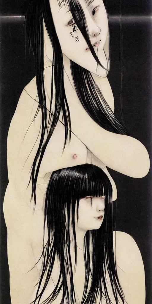 Prompt: a young japanese woman by h. r. giger her hair is dark black pig tails, she has large entirely - black eyes. she is wearing a white bikini top, a white short wet shear skirt, a black choker, and black open toed heels, alien spaceship, rain inside ship