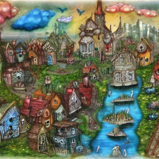 Prompt: a fantasy town, mixed media, whimsical,