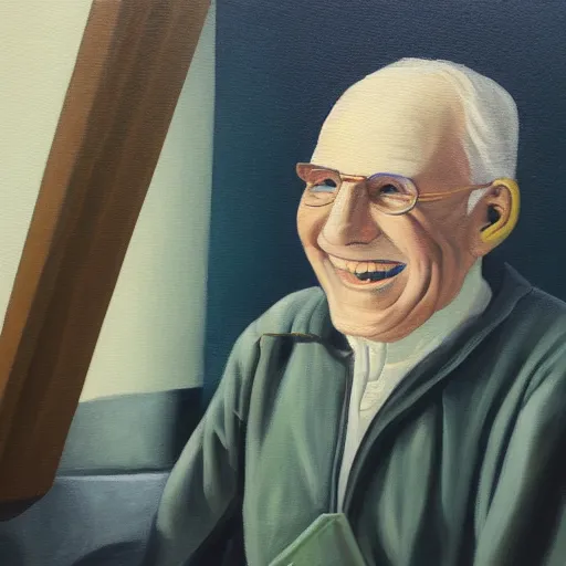 Image similar to a painting of a smiling old man wearing medical appliances