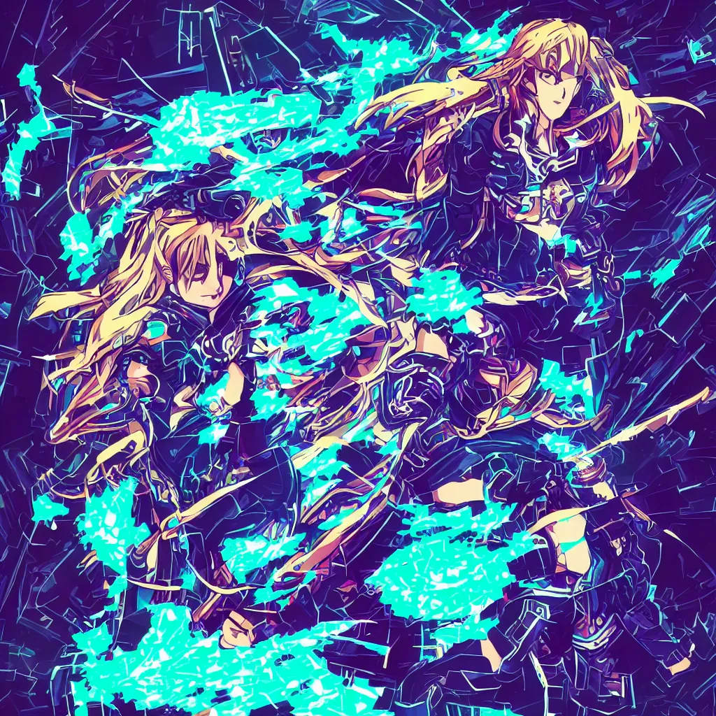 Prompt: rpg mage with long hair wearing glitch - art pixellated armor, cel shaded graphics, anime character, standing, full - body