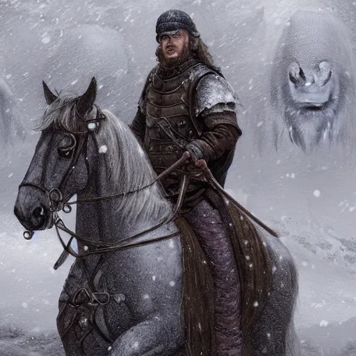 Prompt: A Nordian on horseback in the snowy mountains during a snowstorm, fantasy, medieval, highly detailed, Game of thrones style, Artstation