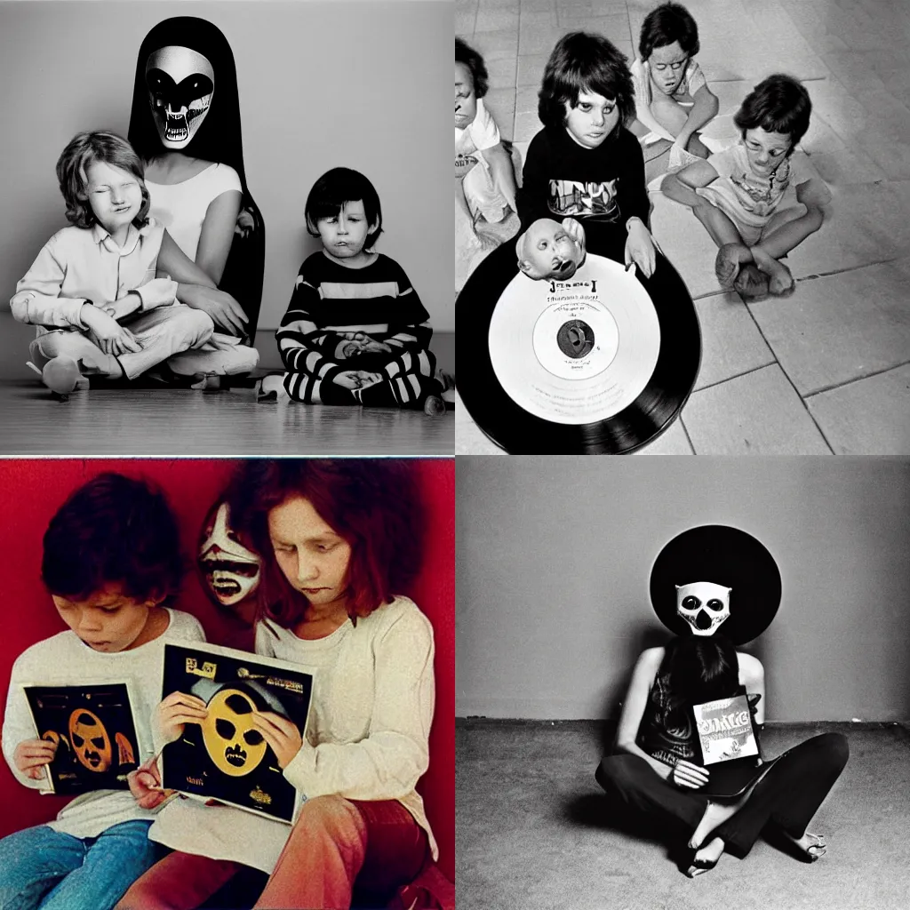 Prompt: cinematic dreamy photograph 1980's crying woman sitting on the floor holding a vinyl LP next to three little boys wearing scary terrifying occult masks