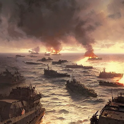 Prompt: a great angle of d - day while all the troops are landing with their boats fighting the germans in a bloody battle by greg rutkowski