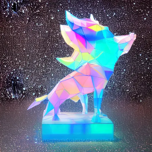 Prompt: glowing holographic futuristic plastic sculpture of celestial steed, transparent celestial light gels, vibrant acrylic glass crinkled correction gel, colored film face by okuda san miguel, glowing stars, glinting, glittering, cyan, white, ultra realistic, photorealistic, 3 d render, unreal engine, octane render, sharp, studio