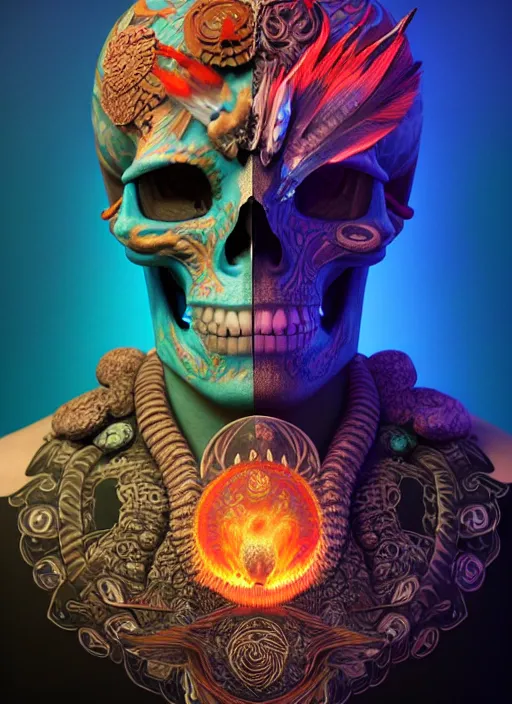 Image similar to 3 d shaman with tattoos profile portrait, sigma 5 0 0 mm f / 5. beautiful intricate highly detailed quetzalcoatl skull and feathers. bioluminescent, plasma, lava, ice, water, wind, creature, thunderstorm! artwork by tooth wu and wlop and beeple and greg rutkowski, 8 k trending on artstation,