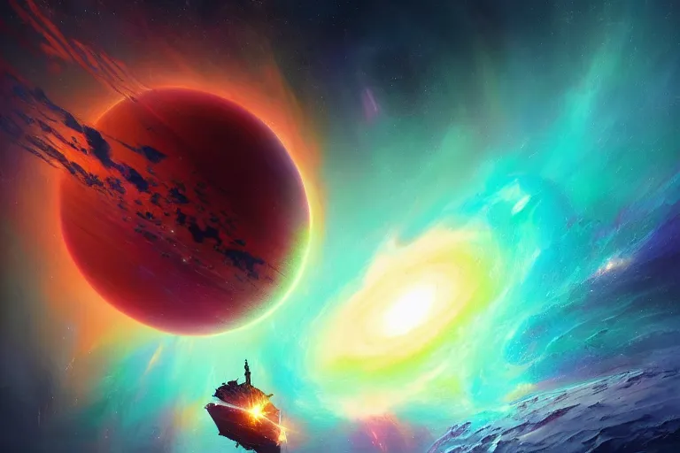 Image similar to a colorful comet spinning in a deep space nebula with majestic perfectly spherical planets made of ice, art by ivan aivazovsky and chris foss and lise deharme, beeple, trending on artstation, trending on behance, complementary colors