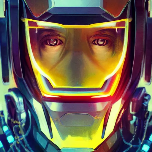 Prompt: yong boy destroyed to pieces with glowing yelow visor as a realistic scifi cyberpunk knight, closeup portrait art by james jean and greg rutkowski,, realistic face, like ironman, digital art, trending on artstation, 8 k