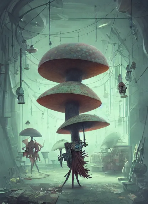 Image similar to a lively and whimsical dark apothecary, cinematic framing, where chrome robots shop grows from the stalk of a giant mushroom, cgsociety, siggraph, dystopian scifi, concept art, set design, oleg oprisco, conrad roset, anka zhuravleva, gediminas pranckevicius, cornell, kawasaki