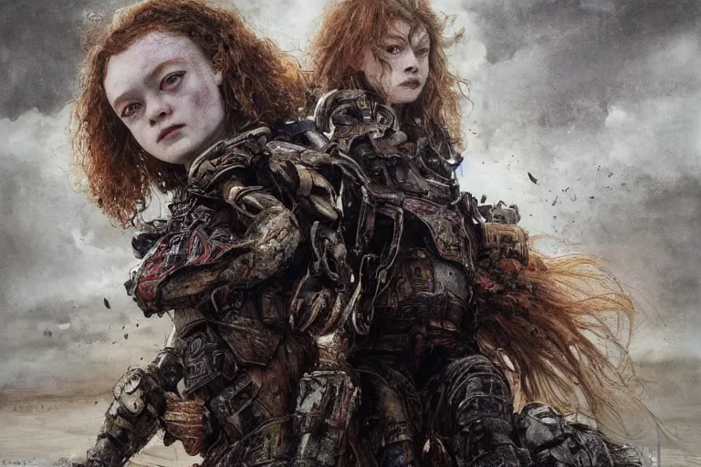 Image similar to sadie sink runs fast. cyborg behind. dirt, fantasy, soviet dystopian art by ayami kojima, vasnetsov, cedric peyravernay