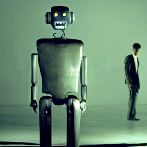 Prompt: The man with robot head, movie still, cinematic composition, movie by David Lynch