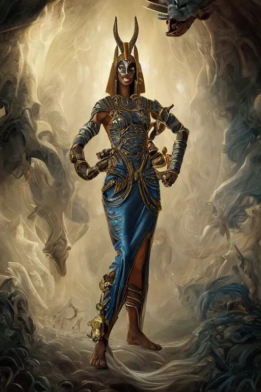 Image similar to Mystical Valkyrie, Portrait of a beautiful female Atlantean Alien Anubis Warrior, Realistic, Regal, Refined, Detailed Digital Art, François Boucher, Oil Painting, Michael Cheval, Esao Andrews, Steampunk, Walt Disney (1937), Highly Detailed, Cinematic Lighting, Unreal Engine, 8k, HD