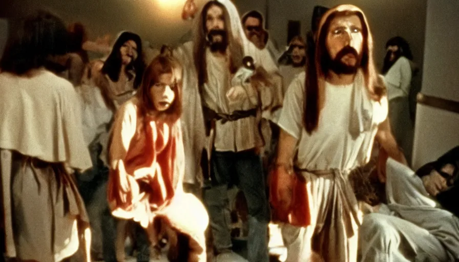 Prompt: 7 0 s film still from a horror movie starring jesus, kodachrome, cinecolor, cinestill, film grain, film texture, retro, cinematic, high resolution, photorealism,