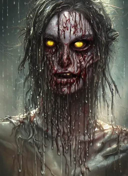 Image similar to digital painting of a wet zombie in the rain by filipe pagliuso and justin gerard, fantasy, highly detailed, realistic, intricate, glowing eyes