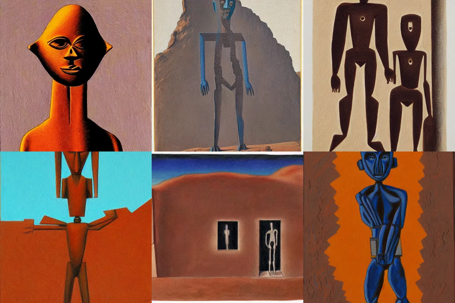 Prompt: artwork of a building and humanoid individual creature by Albert Namatjira,