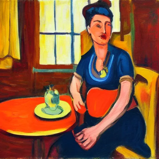 Image similar to a painting of a woman sitting at a table, a digital painting by isaac soyer, pixiv contest winner, american scene painting, digital illustration, digital painting, fauvism