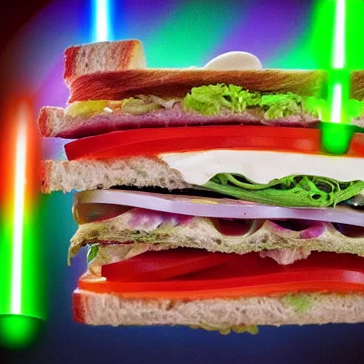 Image similar to an extremely high quality photo of a surreal neon-lightsaber-sandwich, ((sandwich)) creation, a hybrid mixture of lightsabersandwich filled with lightsaber neons and sandwichlightsaberneontube-tomatos, neon tubesauce drizzled, drooping lightsaber lettuce, glowing sandwich, radioactive sandwich, promotional photo, 4k polymer clay food photography