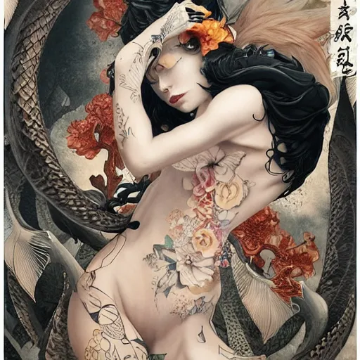 Prompt: ultra realistic, beautiful mixed woman with tattoos, wearing a kimono, japanese inspired, in the style of peter mohrbacher by weta digital and beth cavener, intricate, masterpiece, award winning, intricate