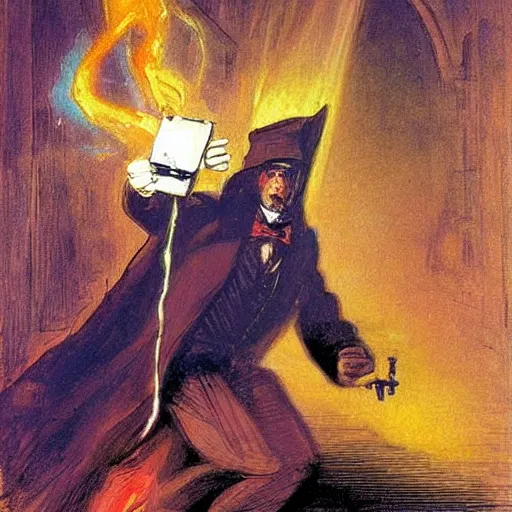 Prompt: A digital art. A rip in spacetime. Did this device in his hand open a portal to another dimension or reality?! cardinal by Harriet Backer, by Simon Bisley straight, sinister