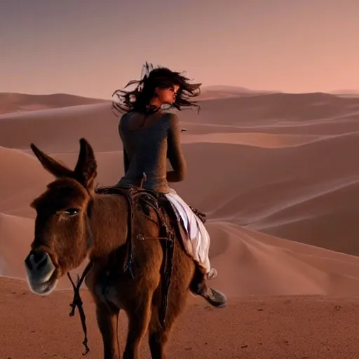 Prompt: a woman’s face and body. Woman is riding a donkey down a ravine in a post-apocalyptic desert. The woman is Penelope Cruz. David Lynch. Beautiful and epic. Incredible detail. Nighttime. 4K 8K