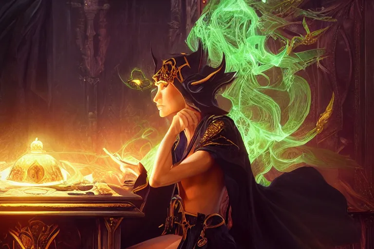 Prompt: a beautiful sorceress wearing a black robe with gold embroidery, sitting at table, casting a spell, green glows, painted by artgerm and ruan jia, in the style of magic the gathering, highly detailed digital art