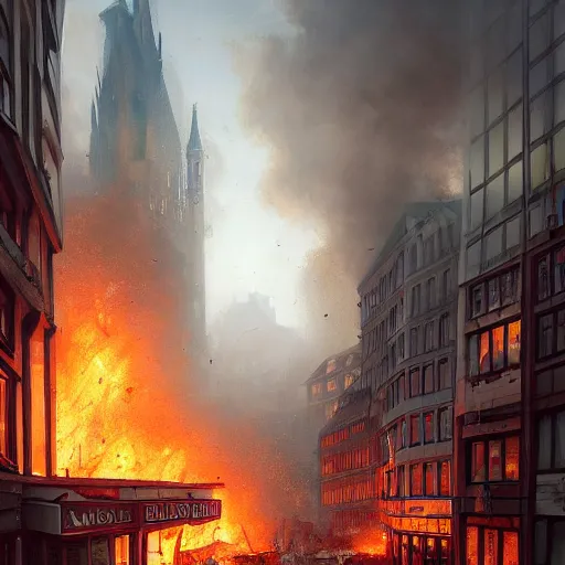 Image similar to city of munich destroyed by a meteor!!!, rubble!!, fires!!, jewish bankers running away in panic!!!, hyperrealistic, highly detailed, cinematic, foggy light from fires, beautiful, cgssociety, artstation, 8 k, oil painting by greg rutkowski, by artgerm, by wlop