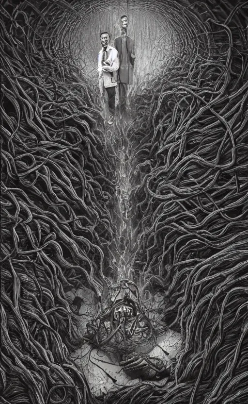 Prompt: lovecraftian mr rogers breaking into our reality by wayne barlow, stanley donwood, anton semenov, zdzislaw bekinski, hr giger, 8 k, fantasy, dark, highly detailed