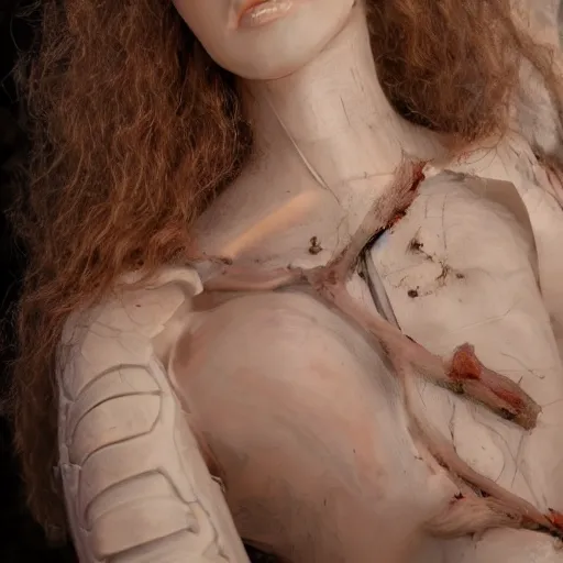 Prompt: a beautiful stil of an human robot, artificial flesh, bones, blood, westworld style, medium - shot, insanely detailed, beautiful soft light, by annie leibowtiz
