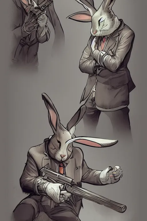 Image similar to rabbit as a hitman, dynamic lighting, fantasy concept art, trending on art station, stunning visuals, creative, cinematic, ultra detailed, comic strip style