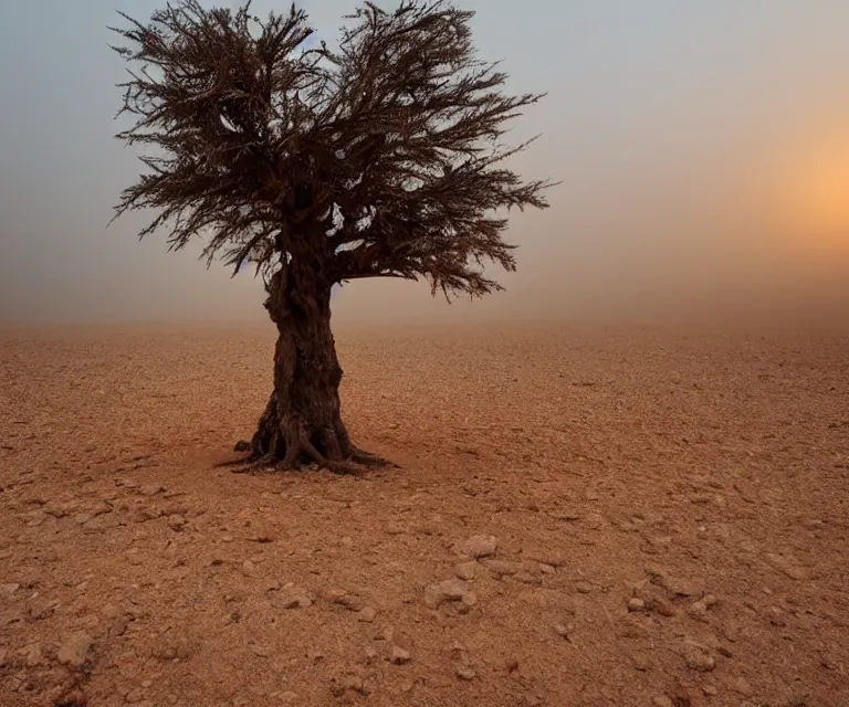 Prompt: an isolated ancient tree in the middle of a barren dessert, bleak, sandy, foggy, sunrise, dreary