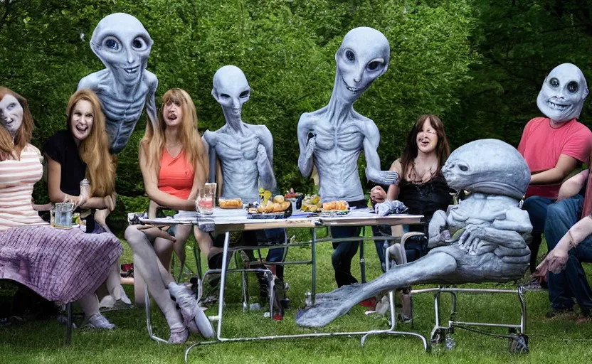 Image similar to a small group of friends having a bbq with a grey alien at the backgarden of a detroit house