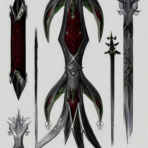 Prompt: concept art of elven bow weapon, symmetry, bow design, fantasy bow, fantasy, behance, pinterest, deviantart, artstation, weapons concept art, design, rpg, weapon, detailed, digital art, incredible, digital painting